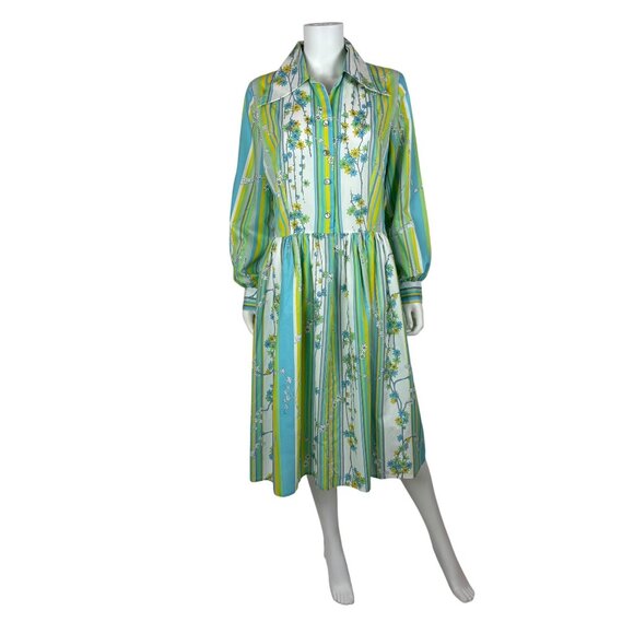 Vintage Dresses & Skirts - Vintage 60s Striped Dress Womens Large Blue Green Colorful Spring Shirtdress